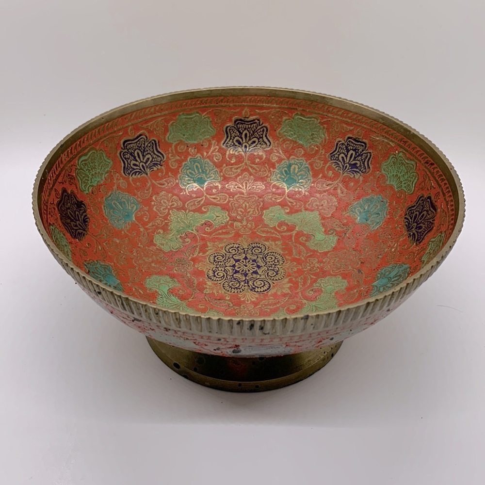 Vintage ornate enameled painted BRASS PEDESTAL BOWL PRAYER BOWL